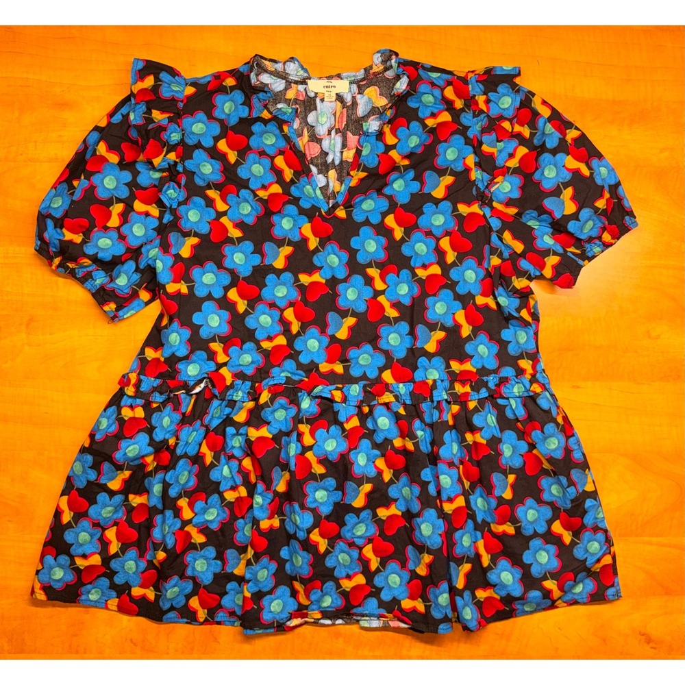 Entro Floral Babydoll Top XL Black Blue Red Daisy Puff Sleeve Ruffle Cotton